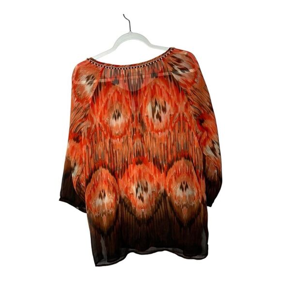 Chicos Top Womens Large Orange Sheer Beaded Chiffon 3/4 Sleeve Shirt Flowy‎ Boho - Picture 2 of 11